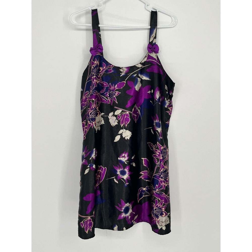 Sante Classics Floral Satin Chemise Nightgown Women M Purple Black Bow‎ Accents
